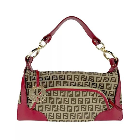 Auth FENDI Zuccino Handbag Brown/Red Canvas/Leather/Goldtone - z3568 - Picture 1 of 13